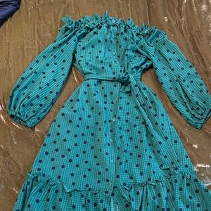 Off the shoulder dress.